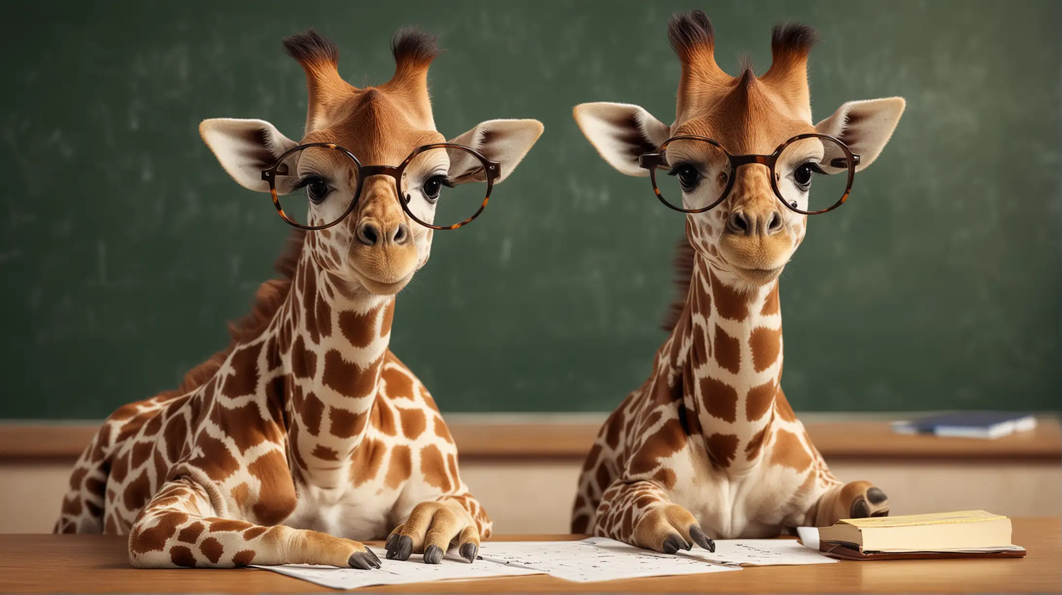 Young Giraffe with Glasses Learning Mathematics in School