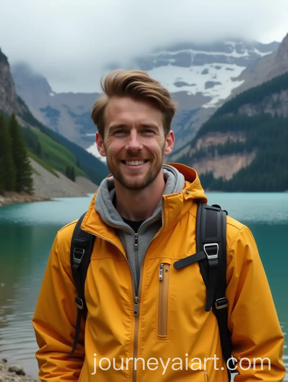 Handsome-Male-Traveler-in-Bright-Jacket-by-Serene-Lake-Surrounded-by-Forest-and-Mountains