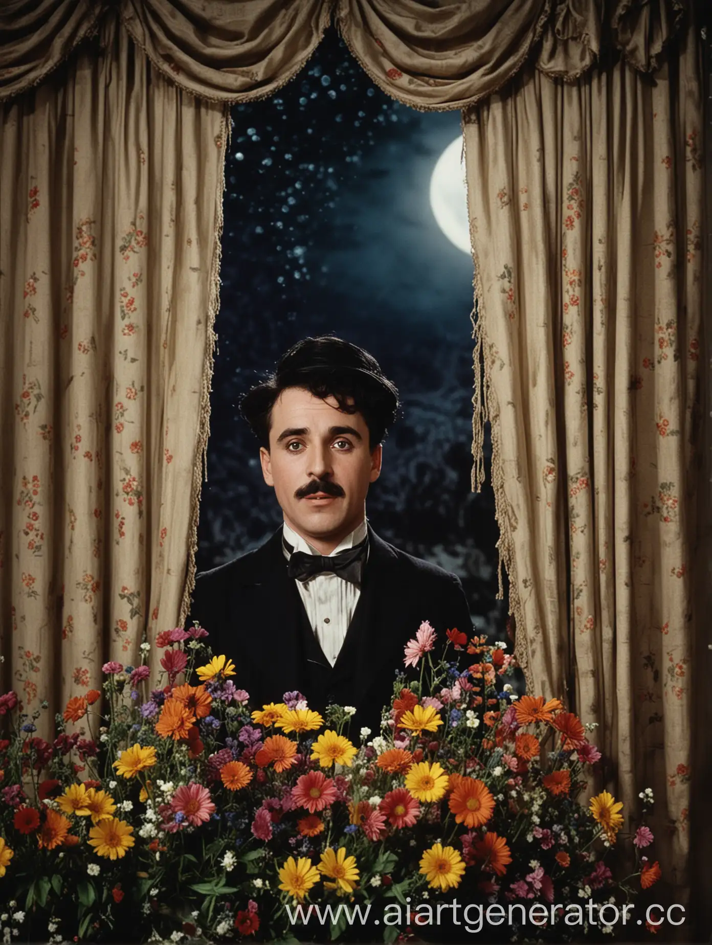 Charlie-Chaplin-Peeking-from-Behind-Curtains-with-Moonlit-Floral-Surroundings