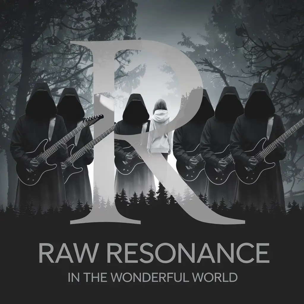 LOGO Design for Raw Resonance In The Wonderful World Dark Gloomy Forest with Hooded Monks and Electric Guitars