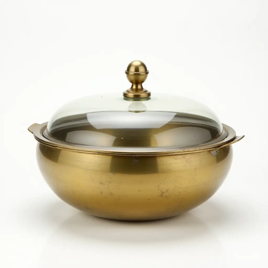 Large Oval Brass Bowl with Fixed Glass Dome and Pure Water