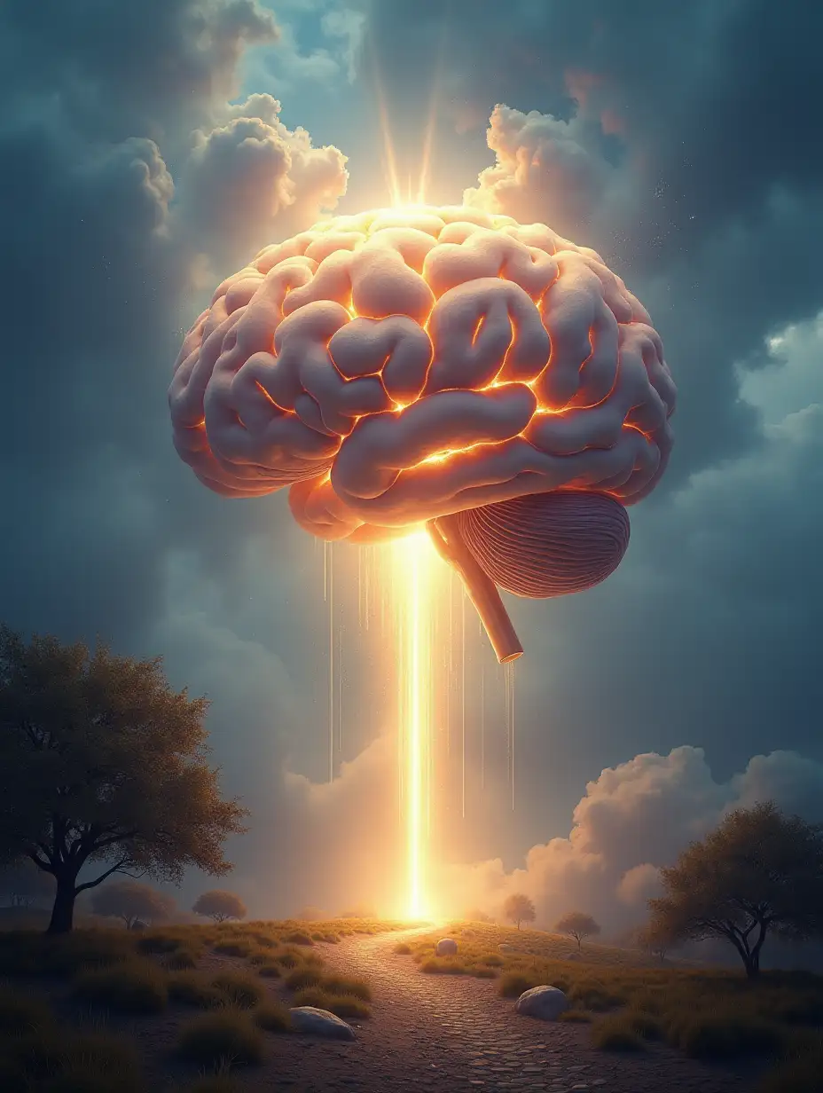 A majestic, hyper-realistic brain floating in the sky, radiating an ethereal aura of divine wisdom. The brain emits luminous, cloud-like energy that expands outward, resembling a cosmic storm of knowledge and power. The atmosphere is mystical, with golden and silver light rays piercing through the clouds, symbolizing enlightenment and dominion. The landscape below is vast and serene, with ancient trees and a glowing path leading toward the brain. A sense of awe and transcendence fills the scene, as if wisdom itself is manifesting in the air. The color palette includes deep blues, purples, and gold, creating a surreal yet powerful effect