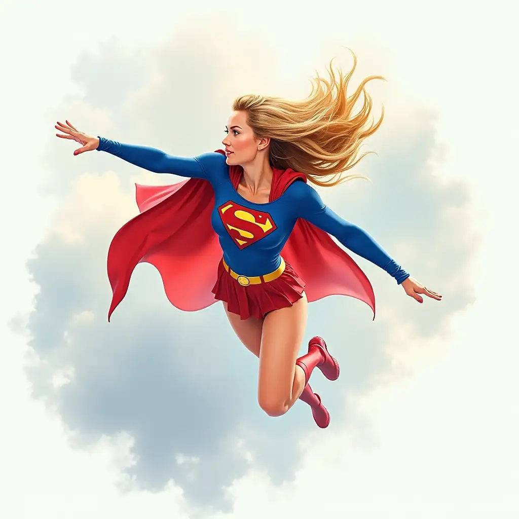 In this stylized image, a woman is depicted as Supergirl, soaring through the sky with her arms outstretched for balance. She's wearing her iconic costume, which includes a red and blue bodysuit with the Superman logo emblazoned on it. Her hair flows behind her in the wind, adding to the sense of motion. The background is filled with clouds, creating a dramatic backdrop that highlights her flight. In watercolour style