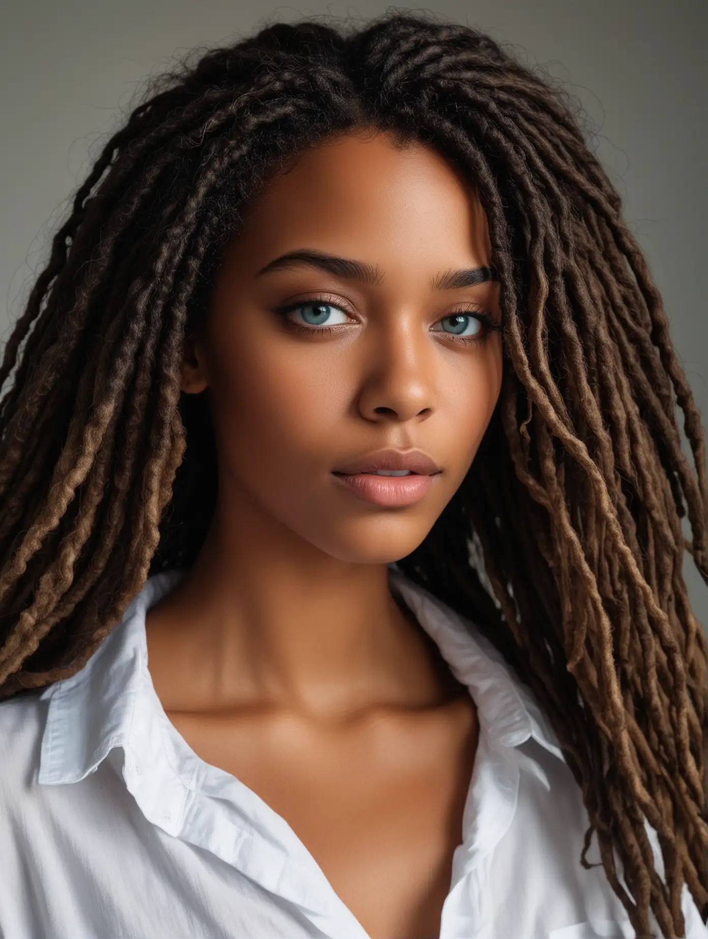 Portrait-of-an-Ebony-Woman-in-White-Oversize-Shirt-Dreadlock-and-Bob-Hairstyles