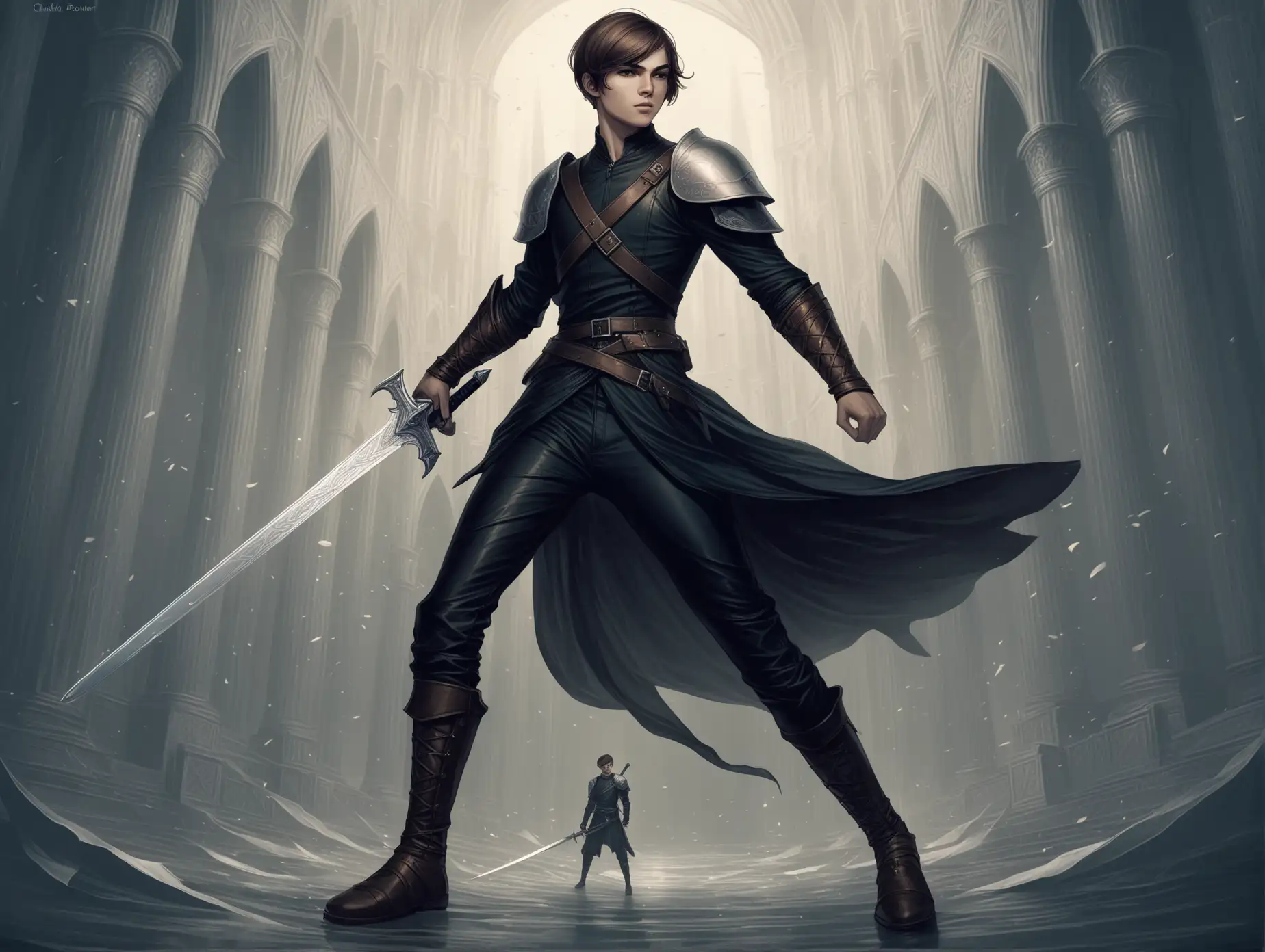 A young man, a brunette in rogue clothing, with leather shoulder guards wielding a sword from the side, short hair, Charlie Bowater, fantasy, full body