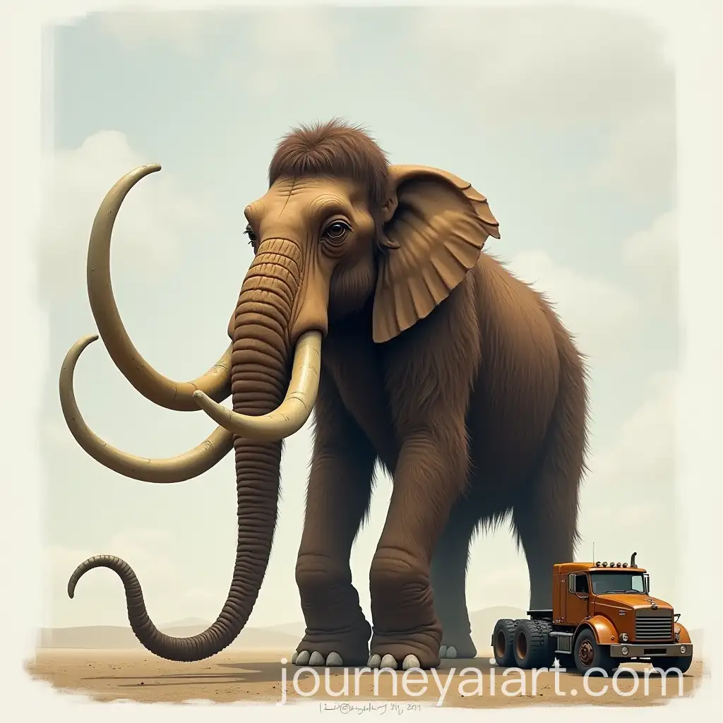 Realistic-Mammoth-with-Long-Legs-and-Tiny-Truck-in-a-Photographic-Art-Style