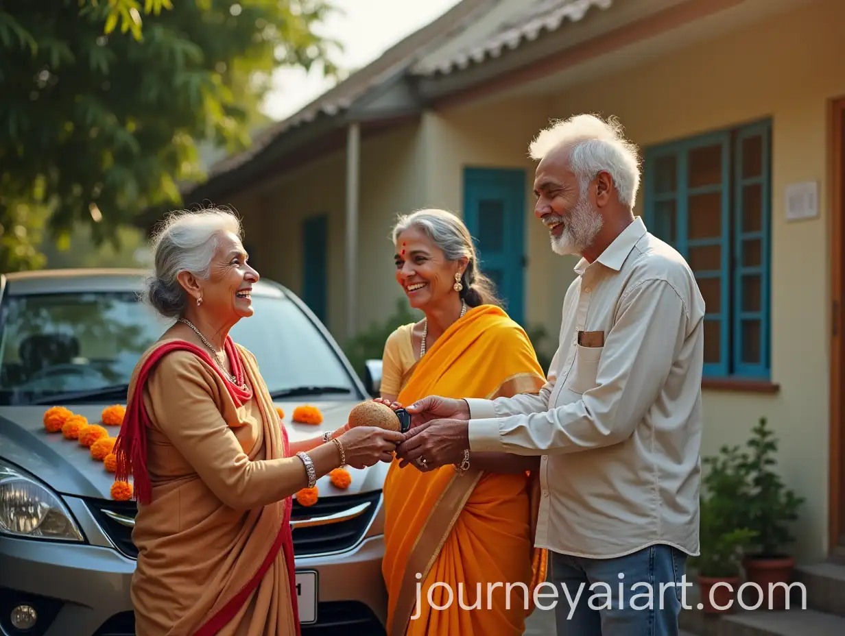 Indian-Family-Celebrating-New-CarIndian-Family-Car-Moment-Gift-for-Parents-Outside-Home