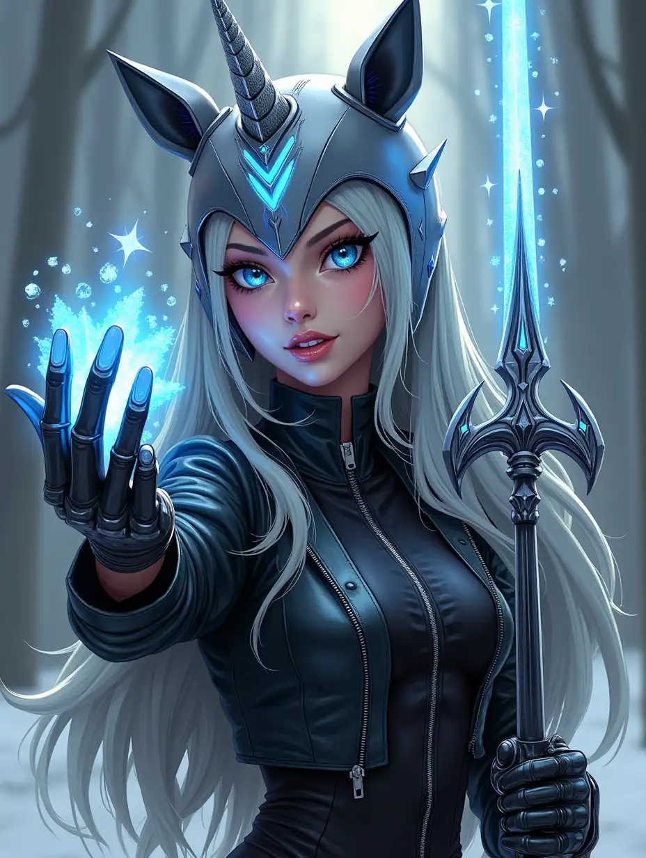 Female halfelf cybermage, in leather jacket,and unicorn helmet, with one raised silver cyberhand, casting icespear, comic style