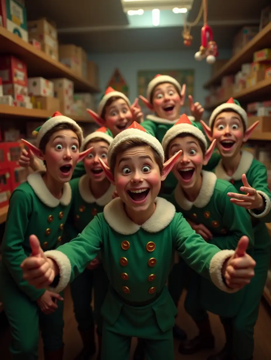 various Santa's helpers, with their green suit and pointed ears, making a Selfie in a playful attitude. They are in the toy workshop. Realistic style, cinematic lighting