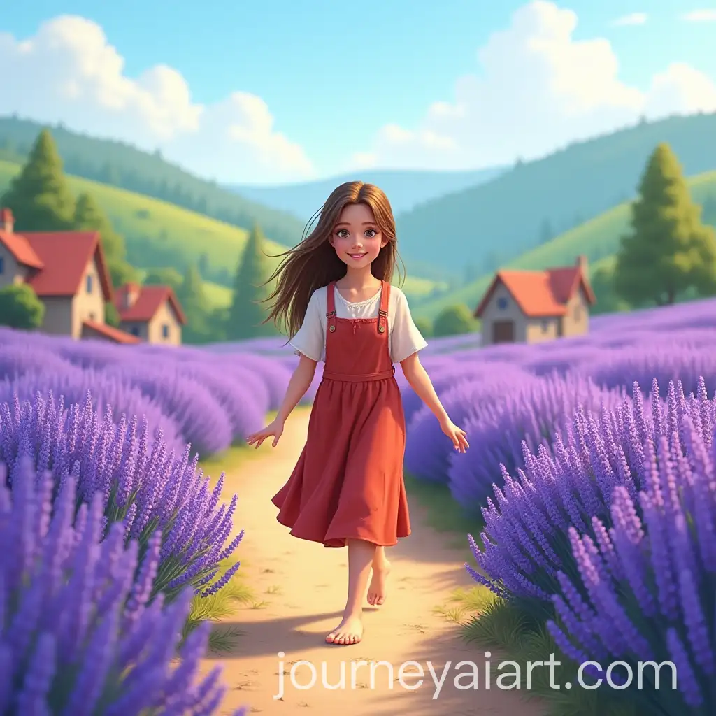 Young-Woman-Walking-Barefoot-in-a-Lavender-Field-Under-a-Bright-Morning-Sky