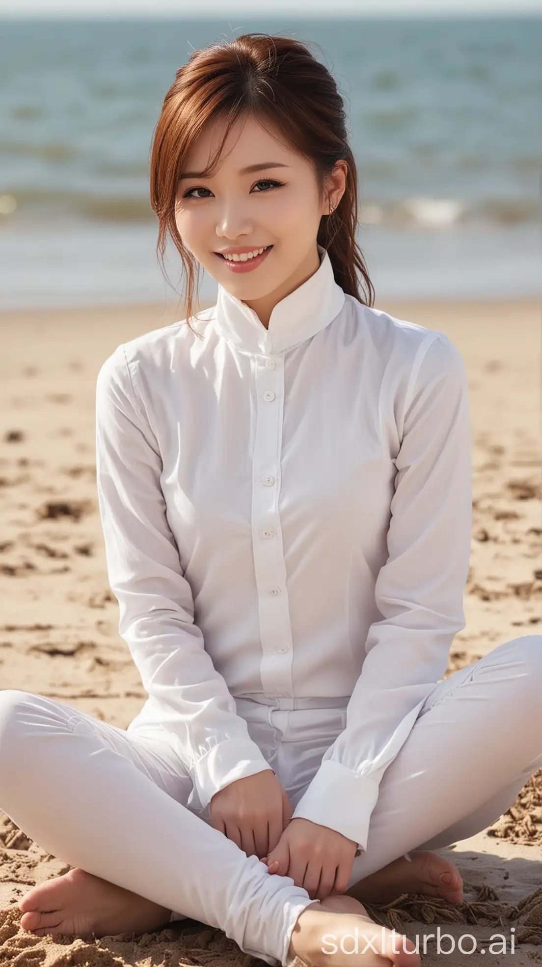 Chinese-Female-Singer-in-Winter-Outfit-Sitting-on-the-Beach