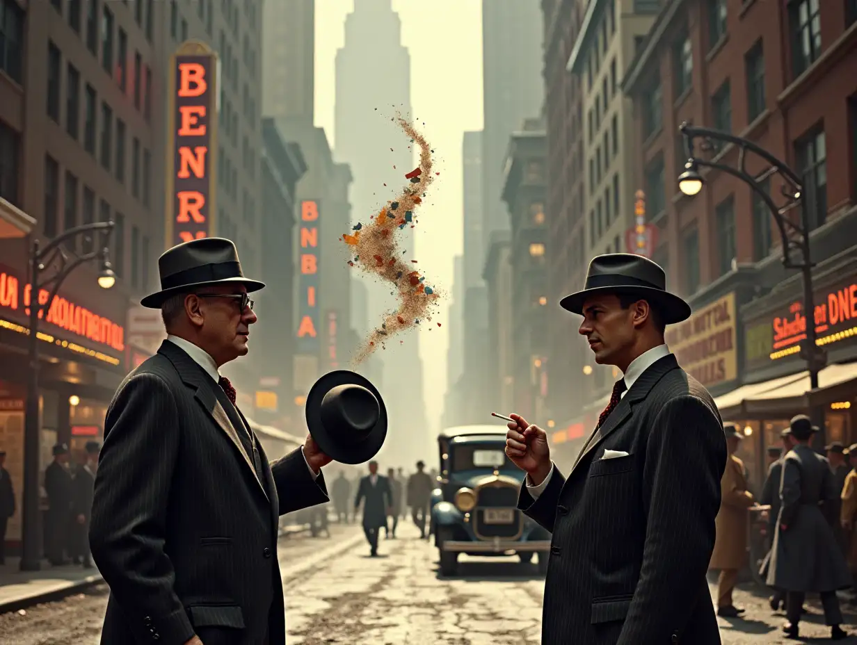 In a bustling 1947 city street, towering buildings frame a gritty urban scene. Horse-drawn carts clatter alongside early automobiles, their horns blaring. Street vendors hawk newspapers and hot pretzels, while pedestrians in fedoras and overcoats weave through the chaos. Neon signs flicker above diners and theaters, casting a warm glow on the cracked pavement. At the corner, two men stand, sharply dressed in pinstripe suits. One, grizzled and squinting, clutches a fedora in his hand, extending it toward a swirling dust devil dancing across the street. The whirlwind, alive with grit and occasional strips of colorful newspaper—bold reds, blues, and yellows—twirls like confetti caught in a dream. The other man, younger, lights a cigarette, eyeing the spectacle with a smirk, as if the city itself is playing tricks. The air hums with the scent of exhaust and roasted chestnuts, the dust devil spinning on, indifferent to the crowd.