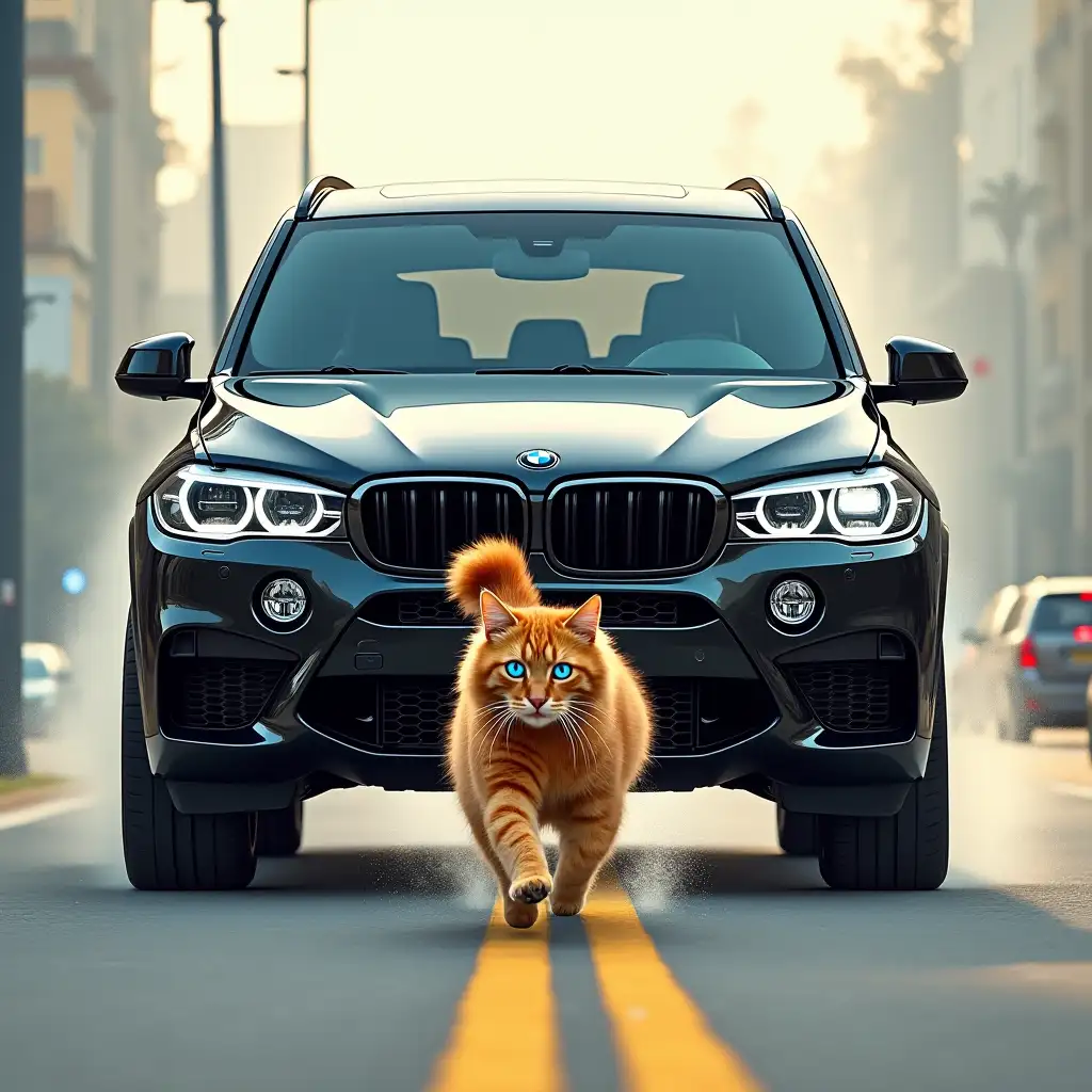 tinted glasses, huge black BMW X5M chases a shaggy ginger cat, who runs away in horror along the road, the cat has blue eyes, drawing