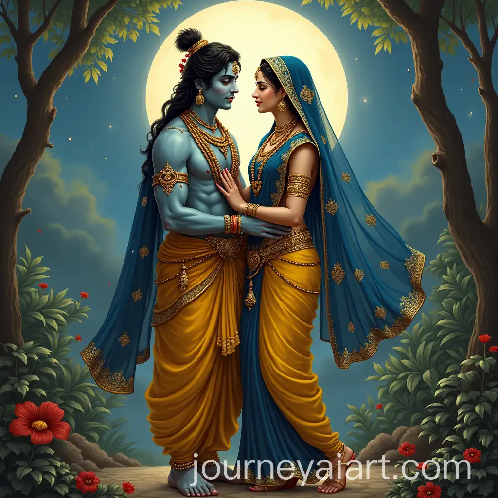 Radha-Krishna-in-Mythological-Garden-with-Full-Moon