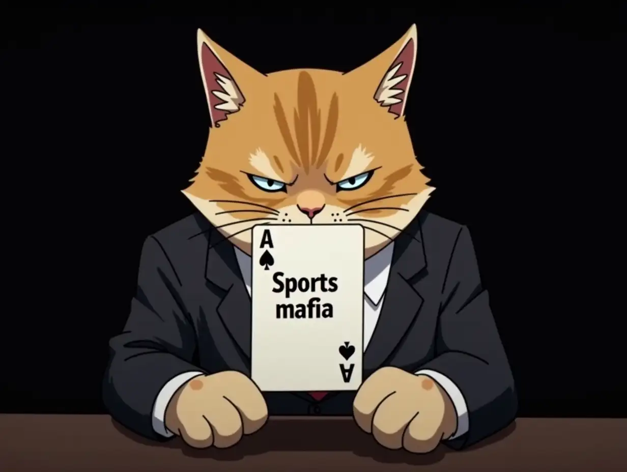 A cat with a serious and busy expression holds a playing card face down to the camera in a suit (playing a Mafia role-playing game), a meme, serious but funny, semi-realistic image, The text 'Sports mafia' is written on the card instead of the usual image. The paws of a cat, not a human hand. the card is with black background. Meme. Anime style