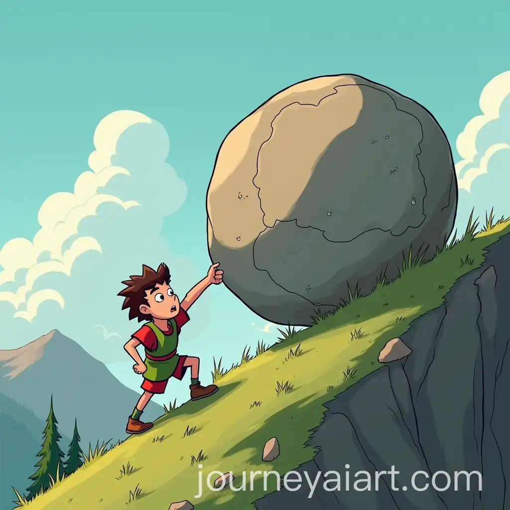 Sisyphus-Struggling-to-Roll-a-Giant-Stone-Up-a-Steep-Mountain-in-Cartoon-Style