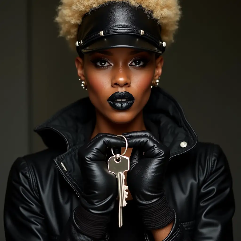 female african rap singer in leather, leather gloves, leather military hat, black lipstick, holding keys out in front, shaved blonde hair afro