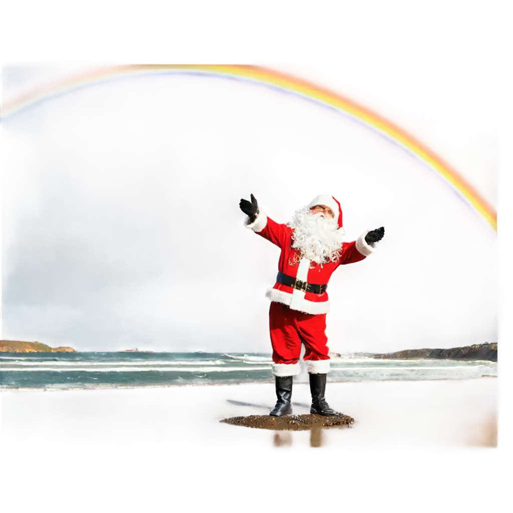 Father-Christmas-Flying-over-Praia-de-Ponta-Negra-in-Natal-PNG-Image-with-Rainbow-Background