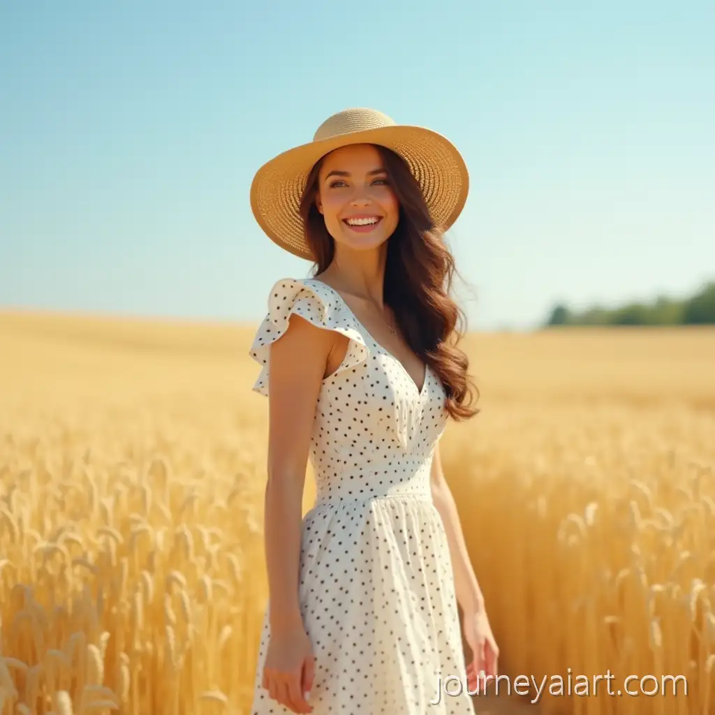 SmSmiling-Woman-in-Wheat-Fieldiling-Woman-in-White-Polka-Dot-Dress-in-Golden-Wheat-Field