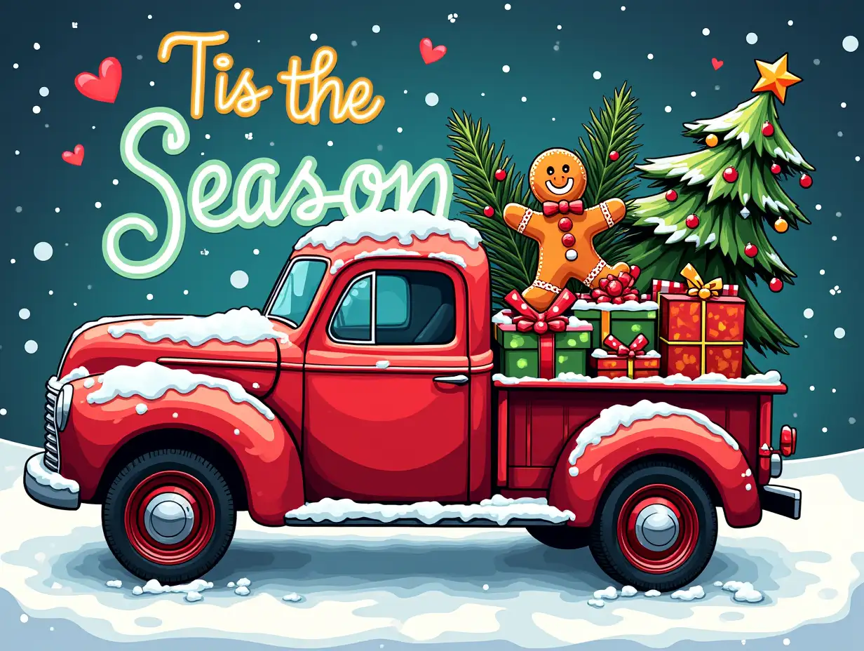 Vector illustration, Art style: stained glass, Art inspiration: realistic description. Create a festive Christmas image featuring a red truck overflowing with Christmas presents, a Christmas tree, and a gingerbread man. The truck should be covered in snow and decorated with festive ornaments. The text 'Tis the Season' should be written in bold neon, colorful lettering, surrounded by hearts and candy canes. The background should be a snowy winter scene, with snowflakes falling gently.