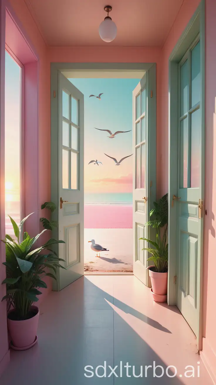 infinite-pastel-color-corridor-with-doors-and-windows-and-plants-ending-in-doorway-with-sunrise-and-beach-and-seagulls