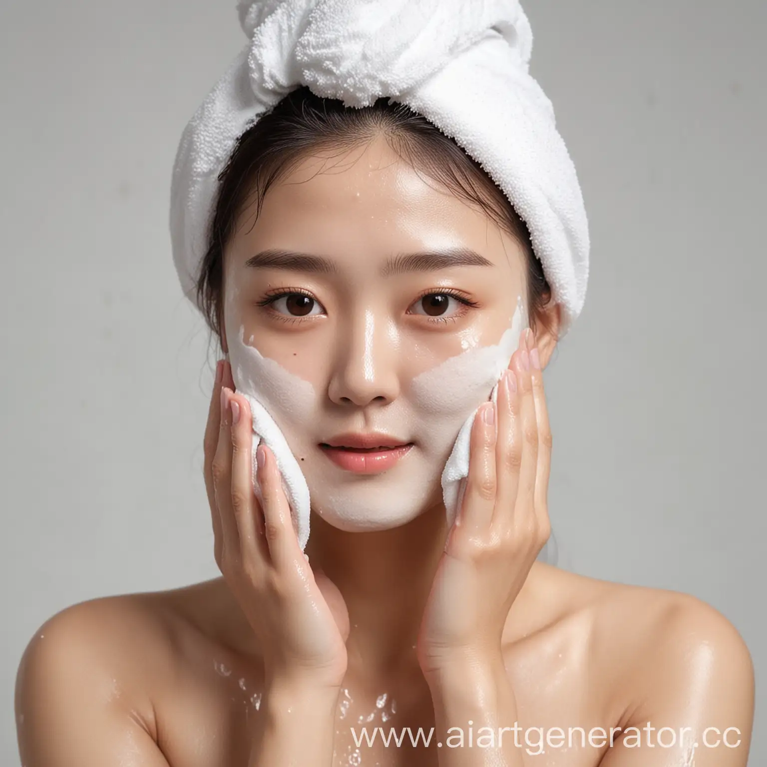 Korean-Girl-Washing-Face-with-Foam-WaistUp-Portrait