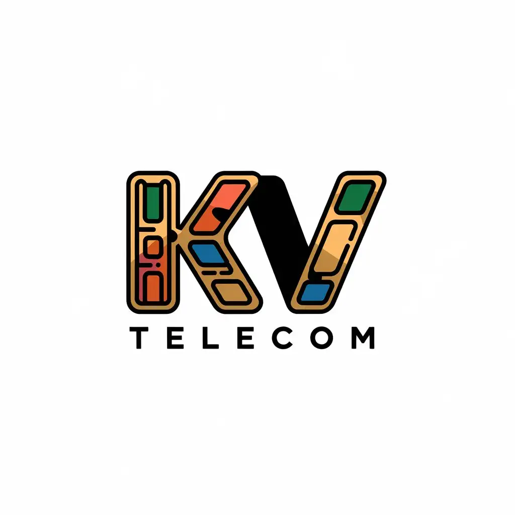 a vector logo design,with the text "KV TELECOM", main symbol:smartphone case variety of colors golden with different other colors shadow on words,Moderate,be used in accessories for smartphones industry,clear background