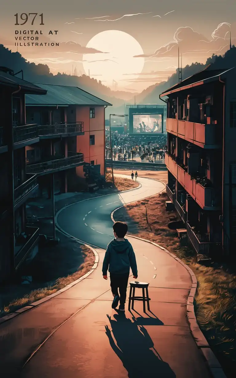 character level view,In 1971, I carried a small stool and left home. I lived in the factory dormitory area. All were two- or three-story buildings. I was only four years old. I was going to watch an open-air movie. It was summer. I followed the uphill road that curved around the dormitory and saw the big screen where the movie was played. I usually sat on the back to watch. China. people,  which small,not big,as a digital art vector illustration, with a hyper realistic depiction of china before decades years and a soft pastel color palette with clean sharp focus and soft shadows at a high resolution --style raw 