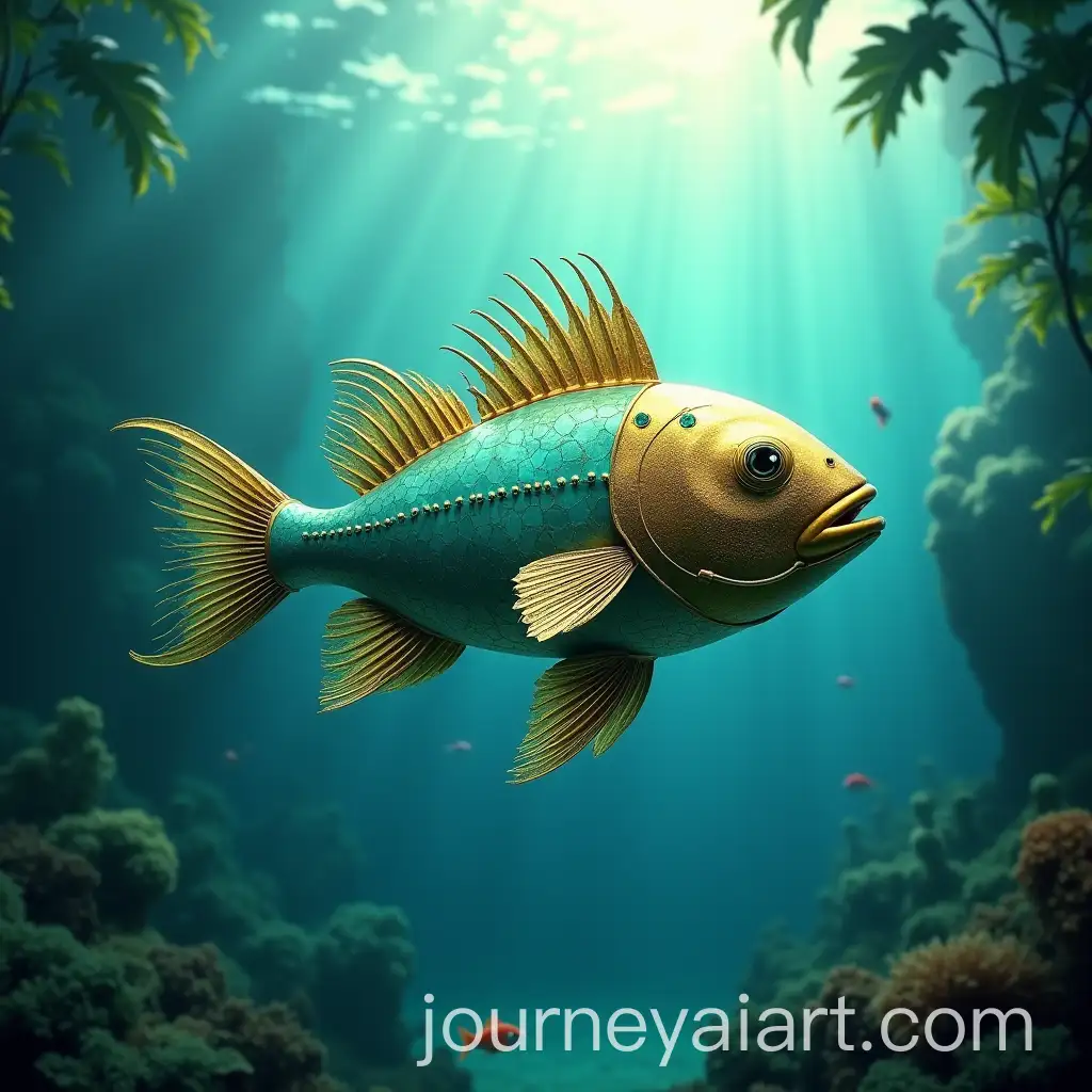 Photorealistic-Underwater-Scene-with-Fancy-Mechanical-Fish-in-Gold-and-Turquoise