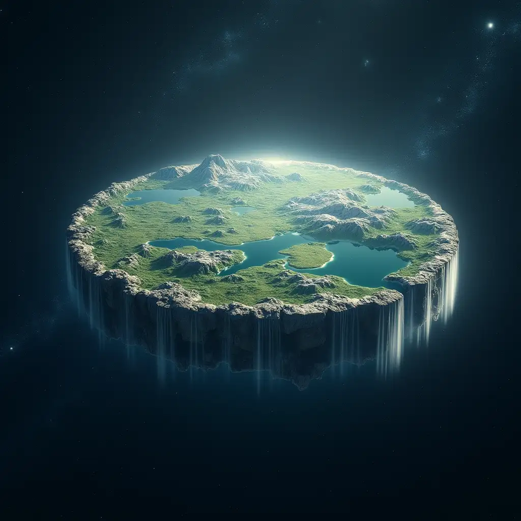 Depict the concept of a flat Earth as a large disc floating in space. Water cascades off the edges like a waterfall, with massive mountains rising along the perimeter of the disc. The center features green land with oceans, forests, and mountains, all covered by a dome showing clouds and stars. Surrounding the disc is the dark void of space, filled with bright stars and distant planets in the background. Create an atmosphere of tranquility and harmony with soft, natural lighting.