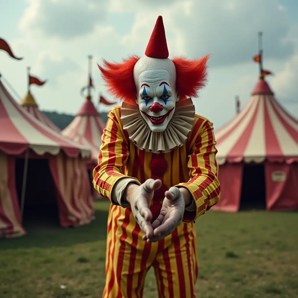 A clown that looks lost, reaching for his toes, the clown is outside among other circus tents, a circus tent behind him has a sign that says 'Cormet'