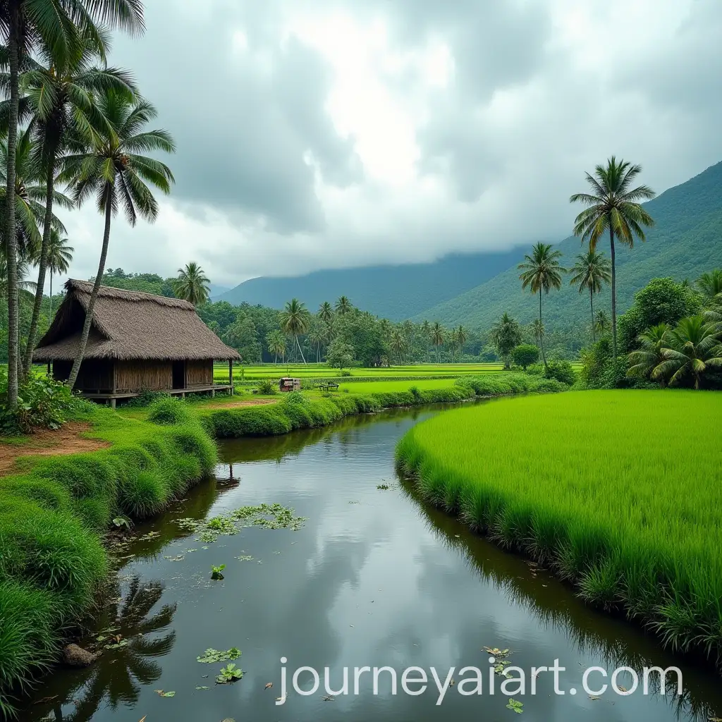 Peaceful-Riverside-Hut-and-Paddy-Field-Scene-in-Kerala
