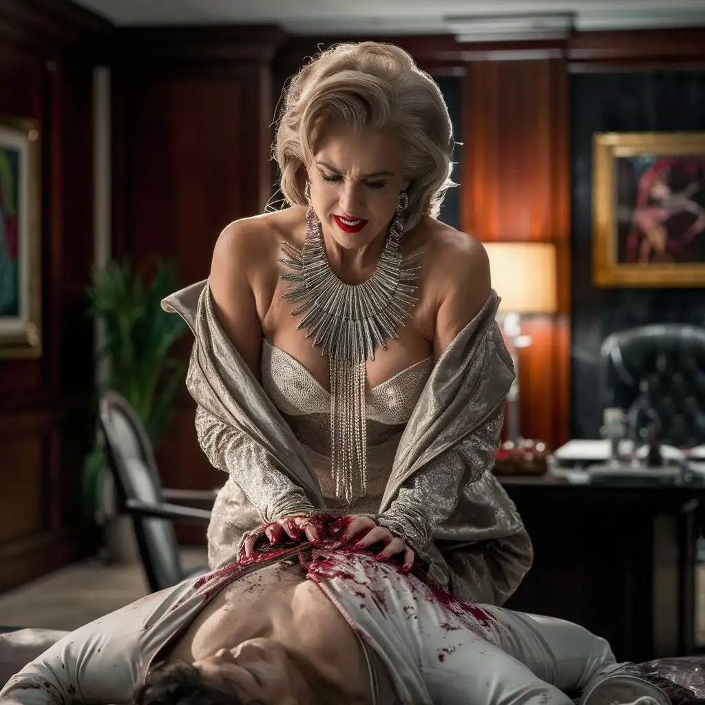 A striking, cinematic photo of a seductive mature woman in a luxurious office setting. She is adorned in elegant and expensive clothing, with a massive, dazzling necklace. The woman is in the act of tormenting a freshly killed victim, her eyes displaying a mix of power and darkness. The background shows an opulent office space, with rich wood paneling, elegant furniture, and artwork on the walls, suggesting a sense of wealth and power. The overall tone of the image is intense and unsettling., cinematic, photo