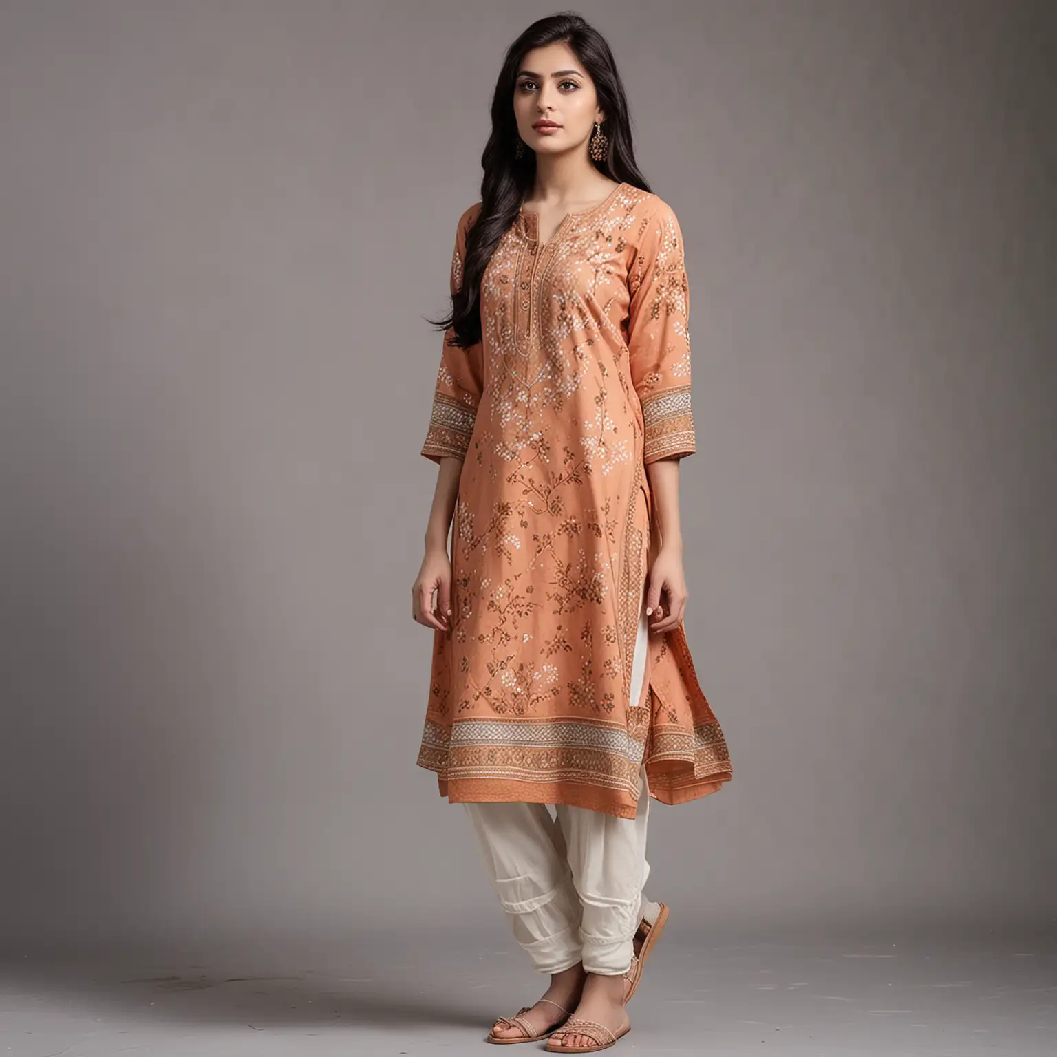 Pakistani female model full body shot wearing half sleeve, round neck, short kurti, shalwar with dupatta on arm