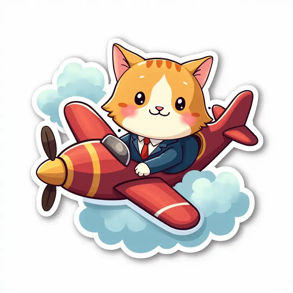 Curvilinearly cut UV laminated sticker depicting cute little cat in a business suit is flying from above riding an airplane between the clouds. cut sticker design, high resolution, white background, paint in anime style