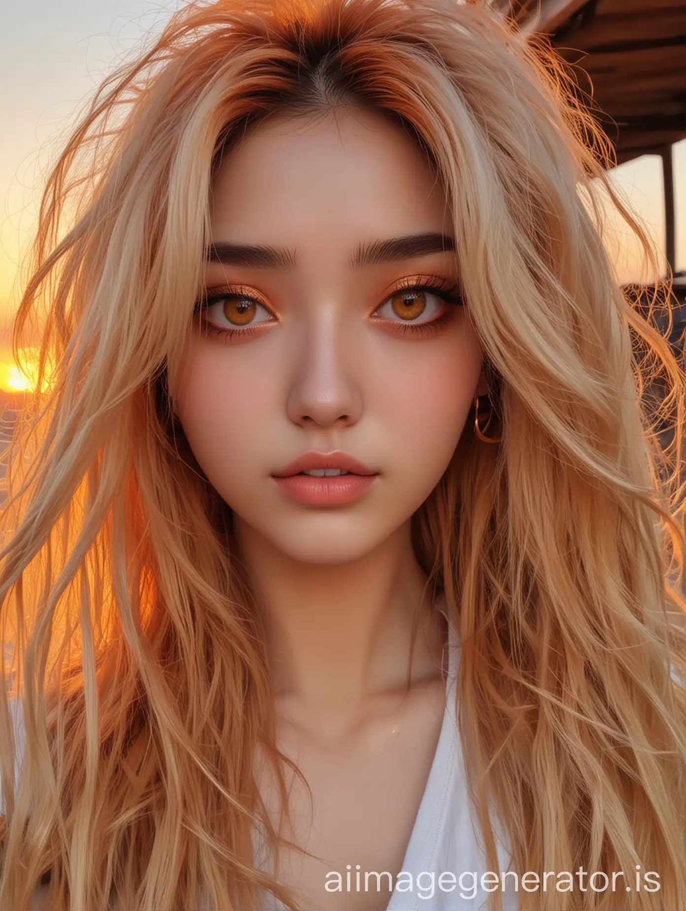 Realistic + douyin + girl + selfie + daintiest + shyest + sunset hair + hairstyle + saffron colored eyes + beauty + flawless + extreme detail