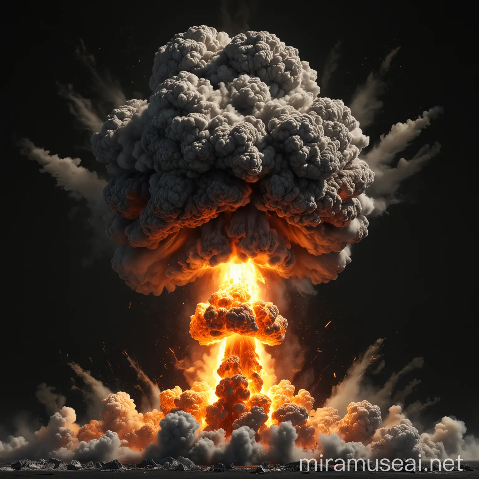 Intense Nuclear Explosion with Fire and Smoke on Black Background