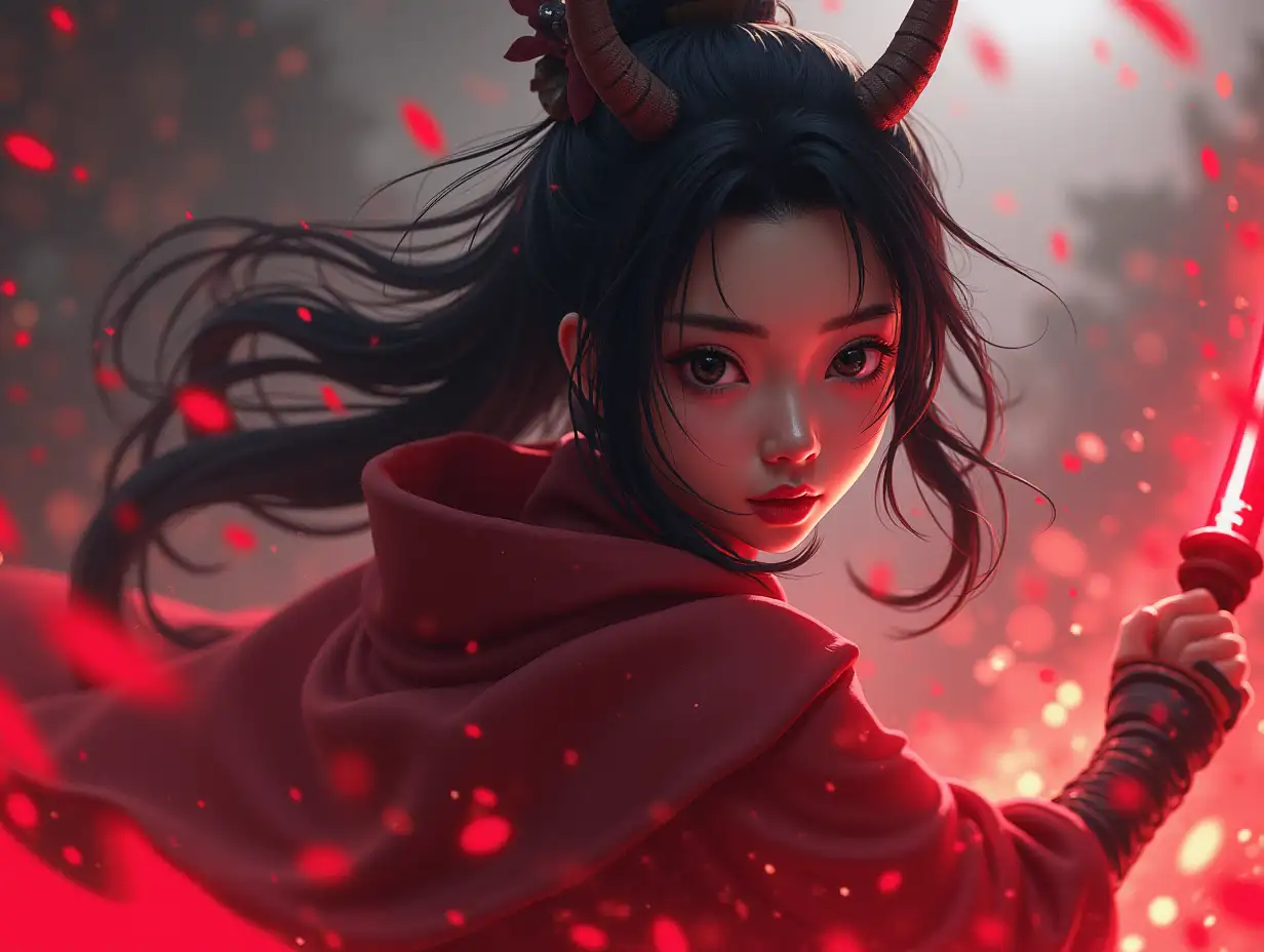 Create ki fantasy with a high-resolution, realistic image  Demon Slayer Nezuko Kamado fighting against evil