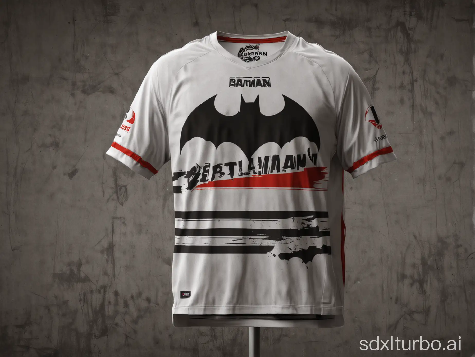 Have me make a jersey with the Batman Petrolspor logo, and have a stadium with a red and white flag on the back image, and the stadium's name should be Batman Stadium.