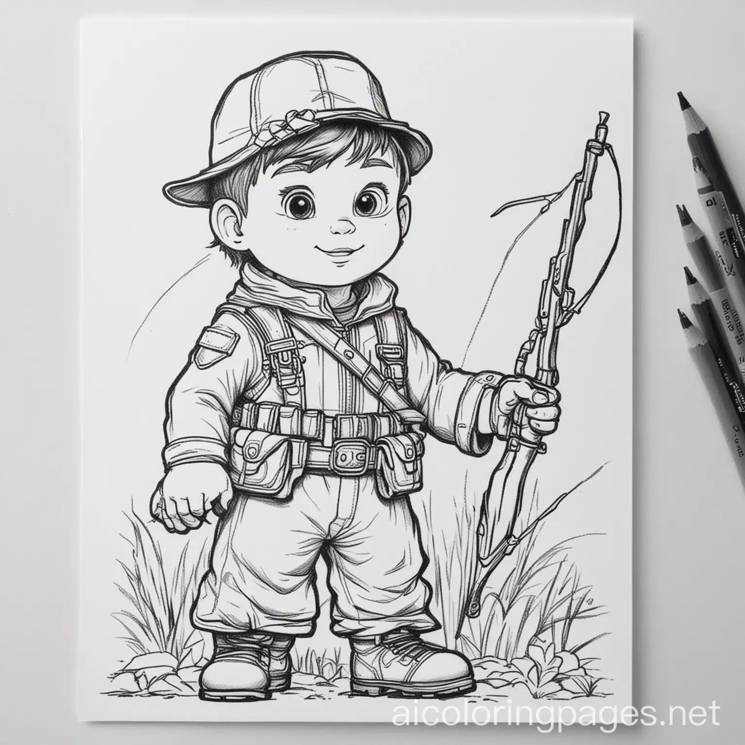 hunter, Coloring Page, black and white, line art, white background, Simplicity, Ample White Space. The background of the coloring page is plain white to make it easy for young children to color within the lines. The outlines of all the subjects are easy to distinguish, making it simple for kids to color without too much difficulty