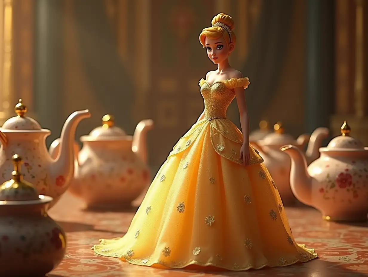 Cinderella in a golden dress with glass slippers in a palace with teapots with faces (eyes, mouth, nose) and teapot spouts with faces (eyes, mouth, nose) Premium picture