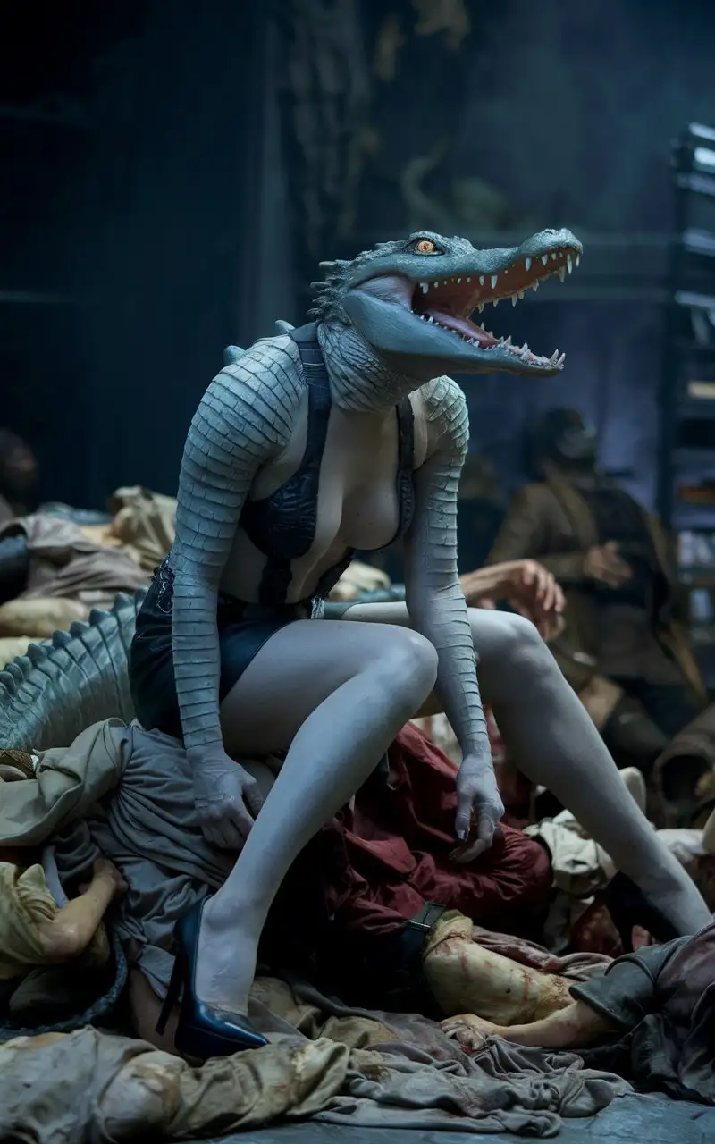 Female-Monster-with-Alligator-Features-in-Cinematic-Scene-Sitting-on-Pile-of-Corpses