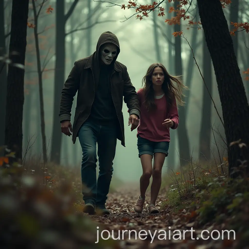 Horror-Masked-Man-Chasing-Brunette-Girl-in-Dark-Forest