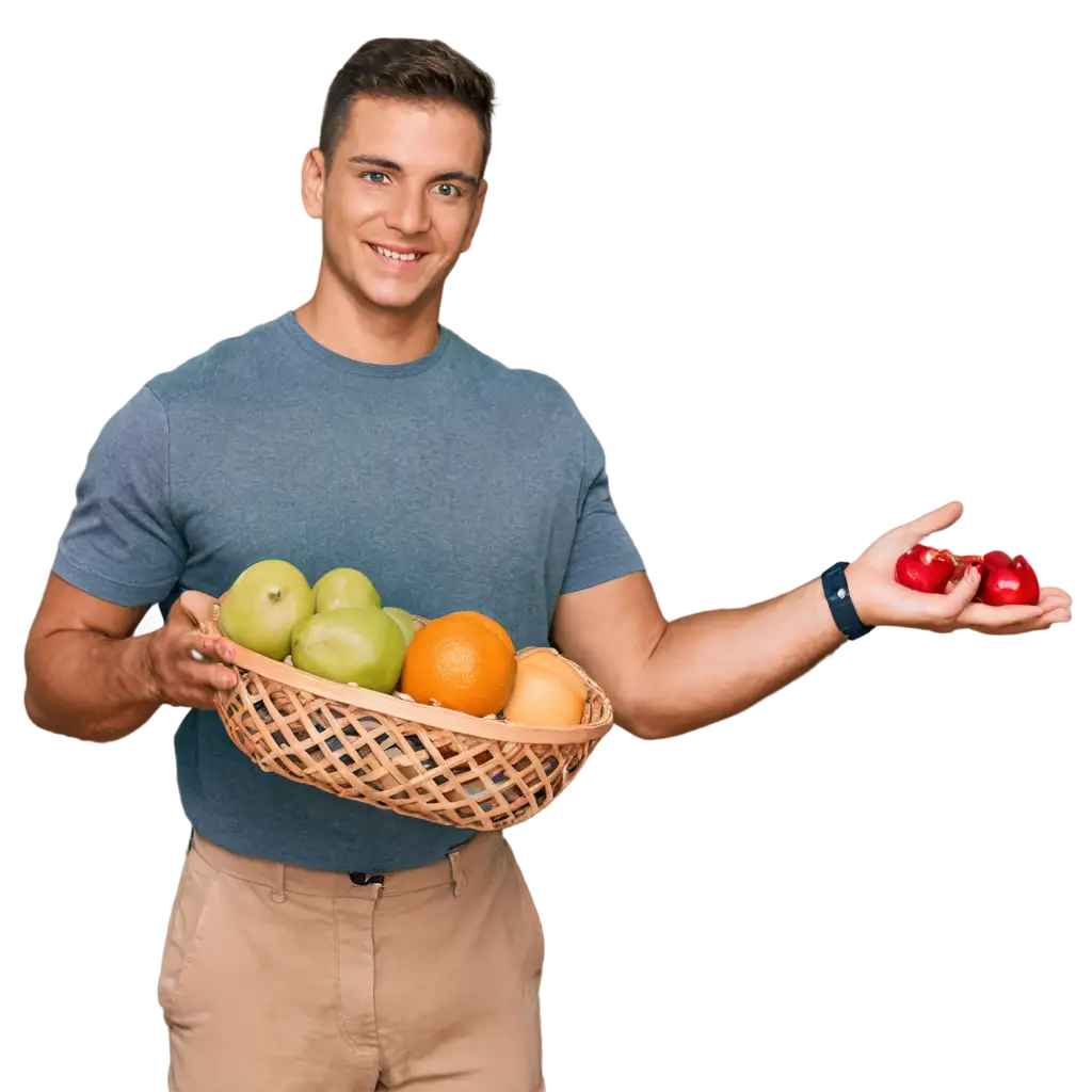 a sporty man holding a basket with fruits in his hand