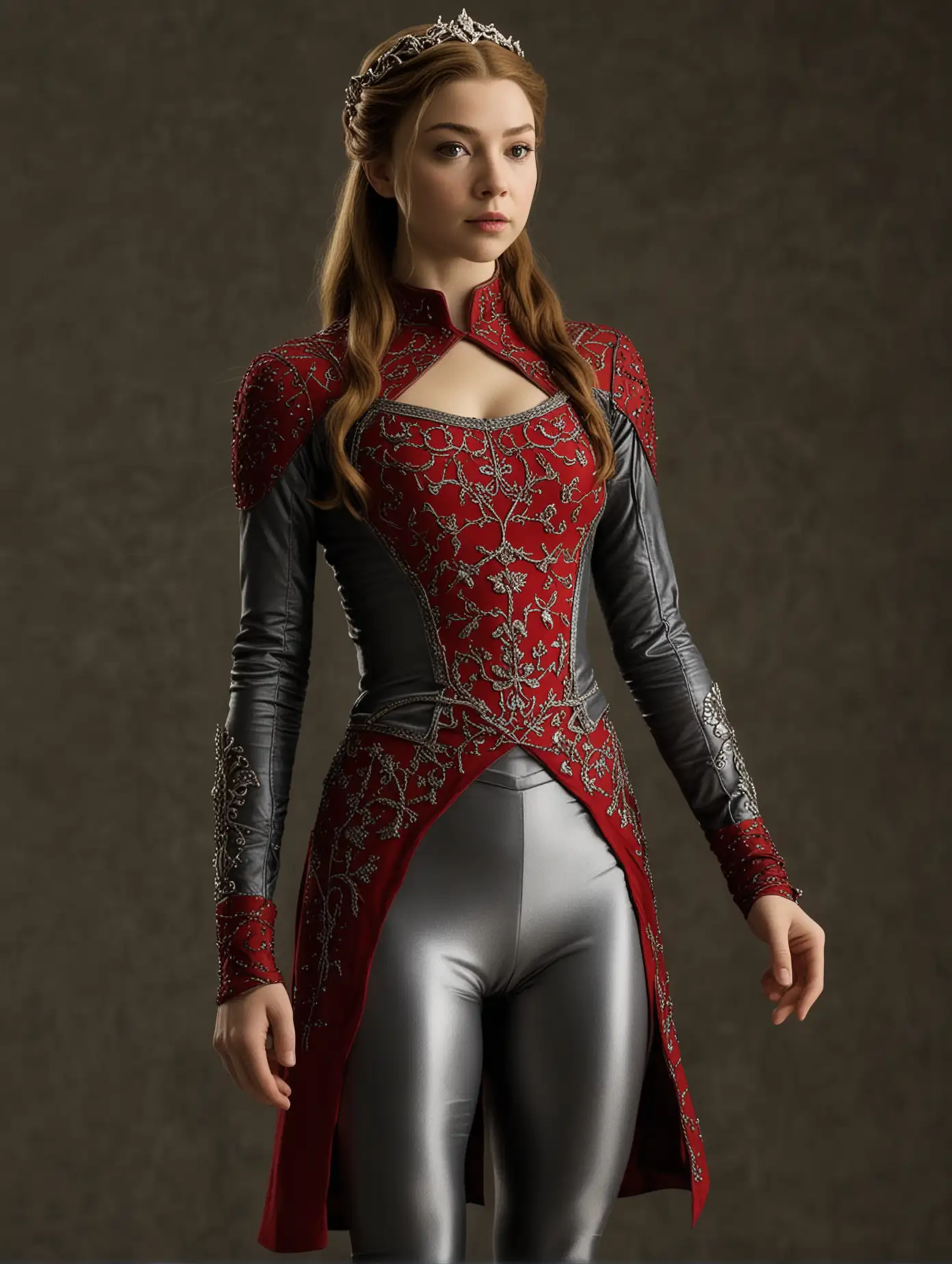 Margaery Tyrell 
in schimmerndschwarzen spandex-gymnastikanzug mit roten leggings und silbernen ballettschläppchen
als sklavin,
Arme an der decke angekettet, arme und beine weit auseinander gespreizt angekettet