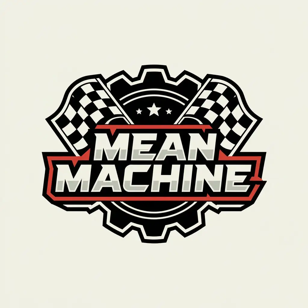 LOGO Design for Mean Machine Vintage Black White and Red Gear with Checkered Flags Theme