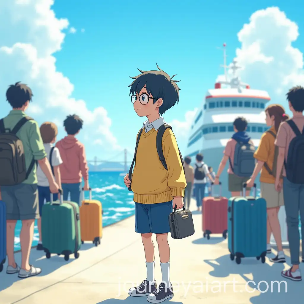 Young-Japanese-Boy-at-a-Busy-Harbor-with-Travel-Bag-and-Nostalgic-Expression