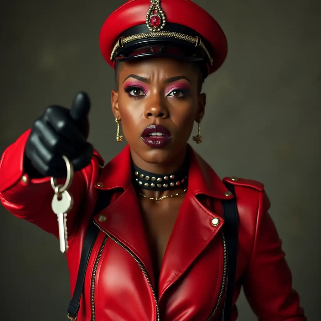 african woman in tight red leather motorcycle jacket, black leather suspenders, dangling keys toward camera, black leather studded gloves, shaved head, red leather military hat, , black leather studded collar, black lipstick, pink eye shadow, look of disgust, angry