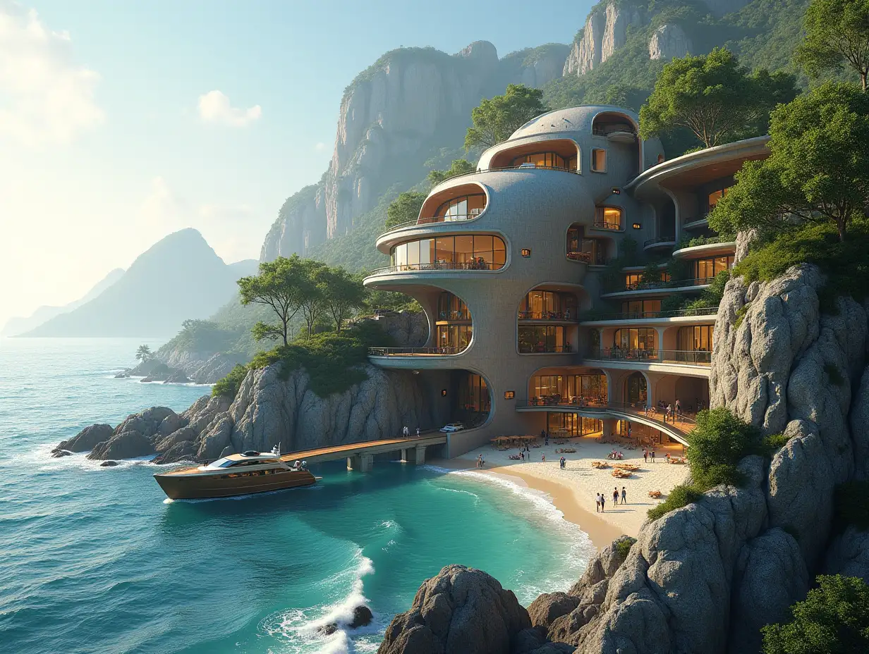 Create a high-resolution, realistic panorama image of a futuristic terrace building with snail-house windows with a bridge, a yacht and a small beach with people, many plants and gray and brown facades with sea with waves, big trees, 4am in the morning