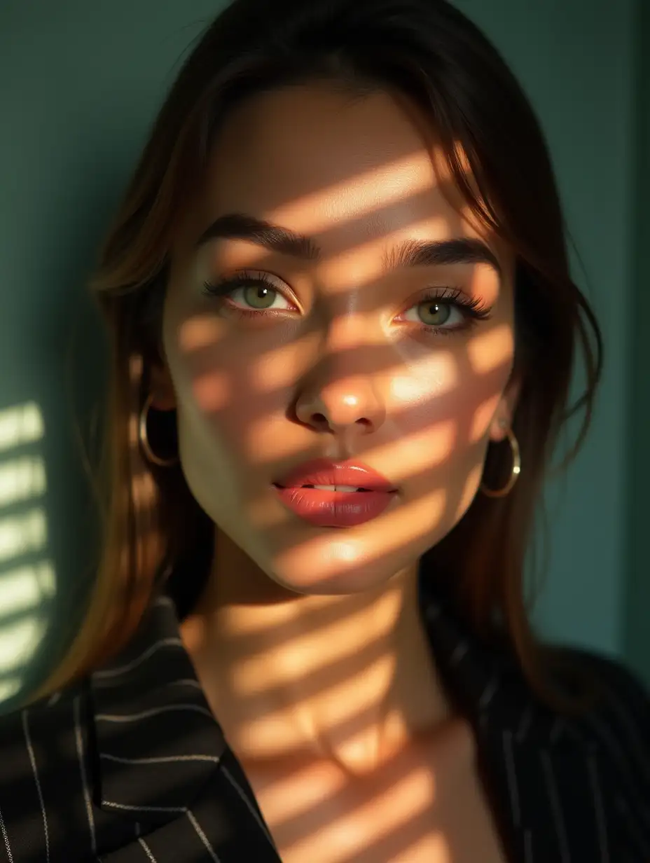 Close-up portrait of a woman illuminated by soft, warm afternoon light streaming through window blinds, creating striking shadow patterns across her face. She has a natural, glowing complexion with dewy skin and subtly highlighted cheekbones. Her expressive eyes are accented with long lashes and a hint of soft eyeshadow, while her full lips are painted in a soft peach shade. The background features muted teal walls that enhance the warmth of the scene. She wears a dark, pinstriped blazer, adding a touch of elegance. The overall aesthetic is hyperrealistic, capturing intricate details like the texture of her skin and the delicate play of light and shadow, with a color palette of warm neutrals and soft pastels.